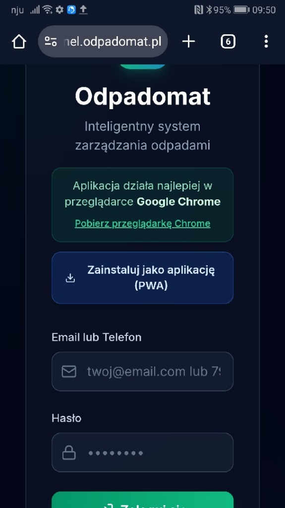Przycisk instalacji na ekranie logowania