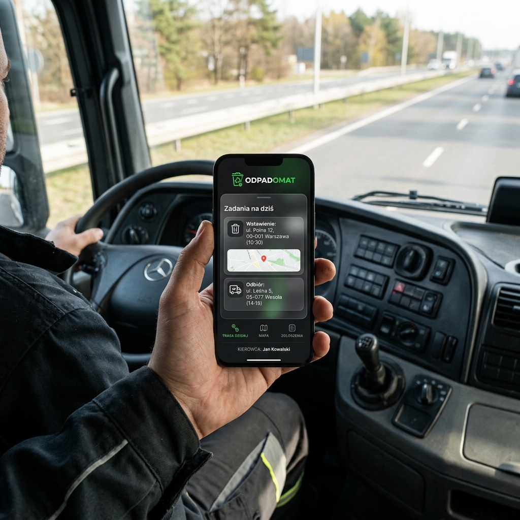 Mobilna aplikacja do kontroli kontenerów na telefonie kierowcy Odpadomat
