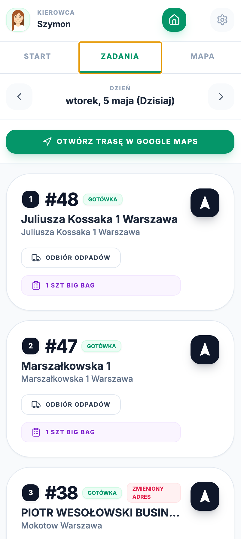 Szczegóły zlecenia i kontrola kontenera w aplikacji mobilnej