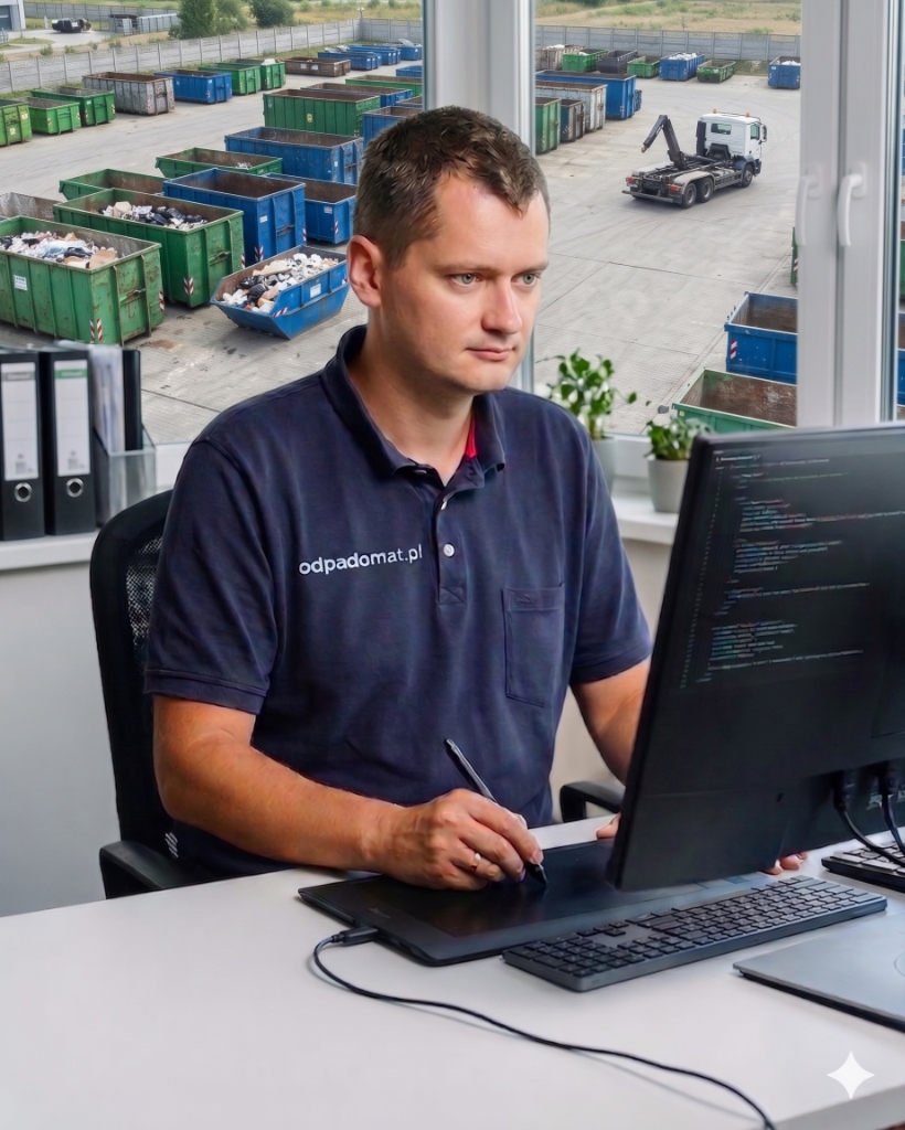Piotr Wesołowski przy pracy nad systemem Odpadomat